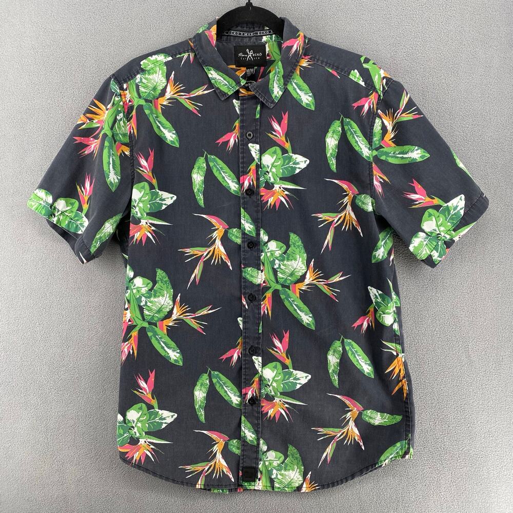 Marc Ecko Cut Sew Hawaiian Shirt Mens M Black Floral Bird Paradise Button Down